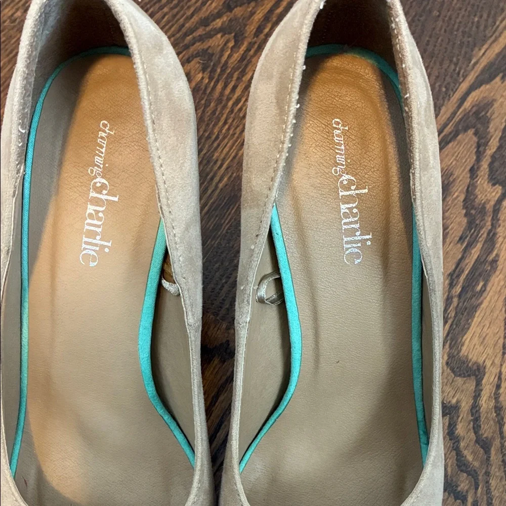 Charming Charlie Suede Beige and Turquoise Peep-Toe Heels 8.5
